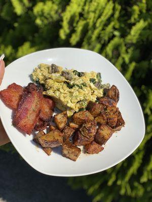 Roasted Breakfast Potatoes, Candied Brown Sugar Bacon, Scrambled Eggs Florentine