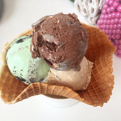 Triple mini scoops in a freshly made waffle bowl