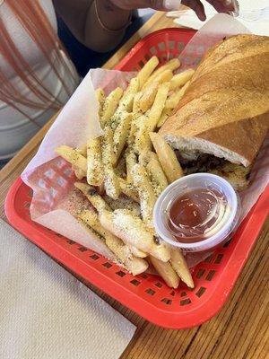 Philly Cheesesteak with garlic Parmesan fries