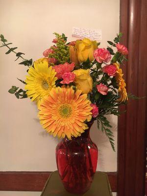 Bright, colorful vase arrangement.