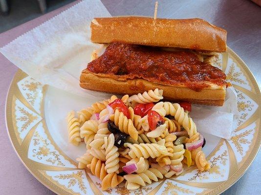 Real home made, Meatball Sandwich  slow cook meatball in a marinara sauce, mozzarella cheese on toasted roll