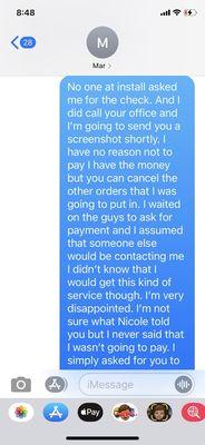 My correspondence to the owner. I'm still super shocked. Because I have more than enough to pay the measly balance.