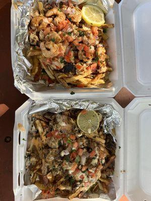 Loaded fries - shrimp and chicken (top) and Jamaican Jerk Chicken (bottom)