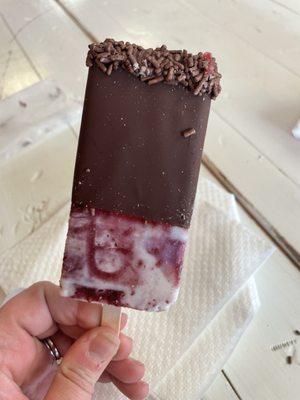 Raspberries and cream paleta dipped in chocolate