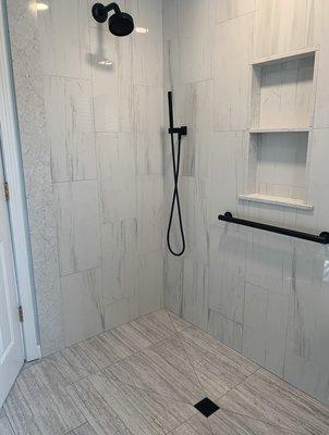 Curbless tile shower.