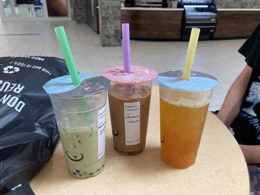 Matcha Latte (honey boba), Coffee Milk Tea (coffee jelly), Mango Passionfruit Tea (peach boba)