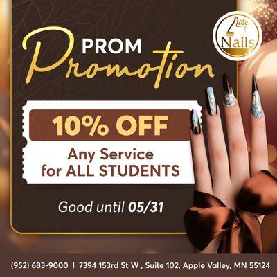 PROM PROMOTION
 10% OFF Any Service for ALL STUDENTS
Good until 05/31

Attention all students! Are you getting ready for Prom? Get