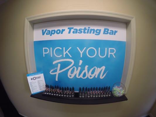 Vape Tasting Bar with 24 flavors of E-Juice, filled into iSub (Sub-Ohm) tanks. Great flavor!