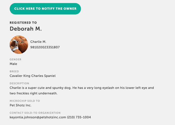 Microchip registration showing rightful owner of Charlie - not one person or organization who took possession scanned nor notified contacts