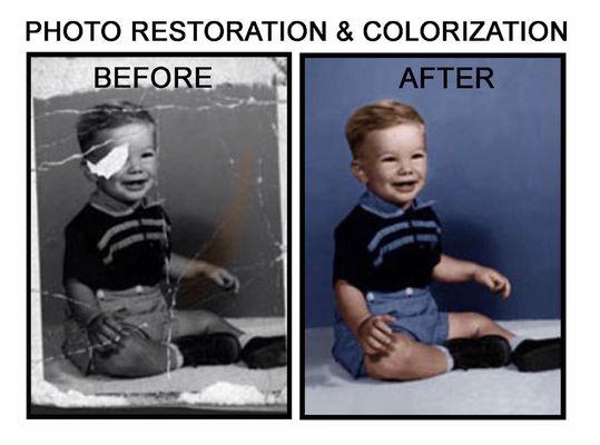 We specialize in restoring torn, damaged or faded photos, as well as colorizing old photos. Just ask us!