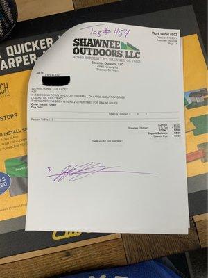 Signed work order for $0.00