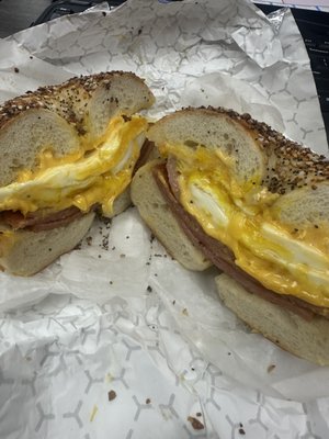 Everything bagel, 3 porkroll, 2 egg and cheese. Very good and it's big! Pricey at $8.50 but better than anywhere else in Manchester NJ area.