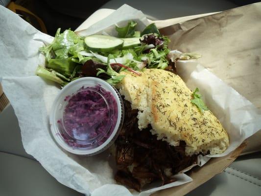 Smoked Brisket sandwich with purple slaw & salad