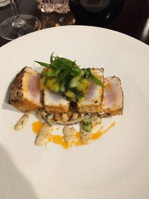 Hawaiian Marlin on sticky rice with mango salsa.  Fantastic!