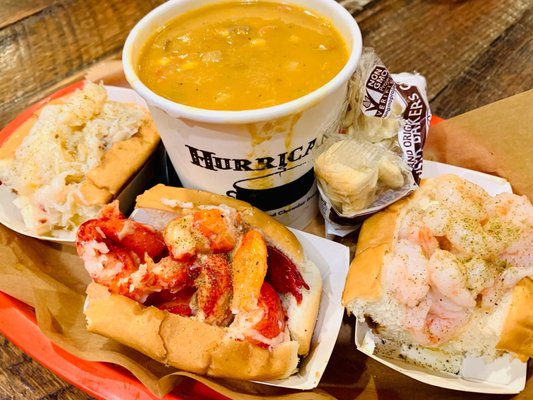 Luke's Trio: shrimp, crabmeat, and lobster roll with soups and drinks. Perfect for first timers $28