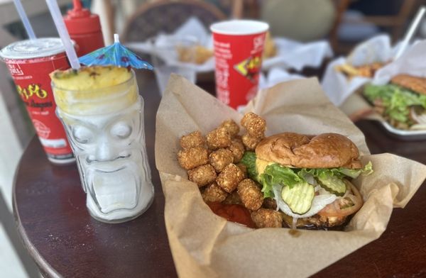 Veggie burger, tots, piña colada