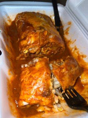 Sausage breakfast burrito smothered in red