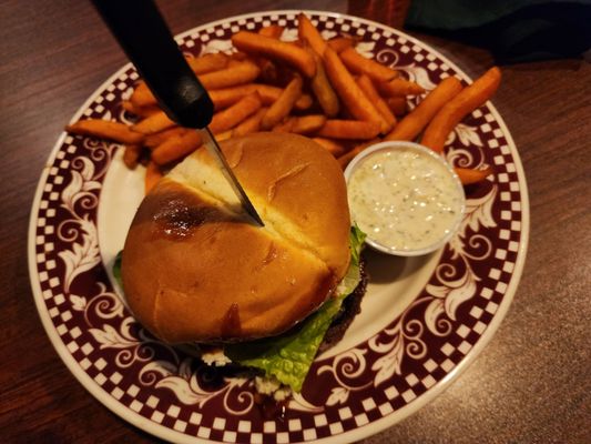 Blue Cheese Bacon Burg + Sweet Potato Fries! Their dill sauce is bomb!!!