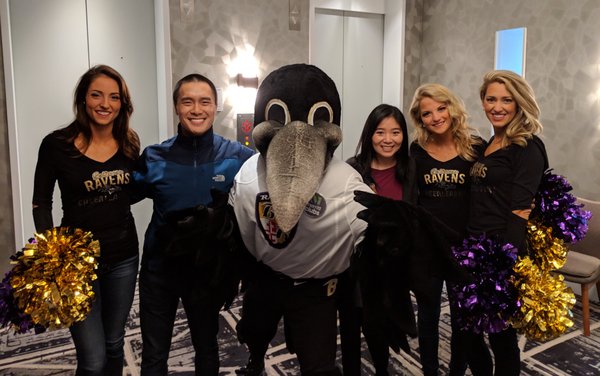 Baltimore Ravens mascot and cheerleaders inside the old W Atlanta Midtown Hotel (road game) on December 1, 2018.