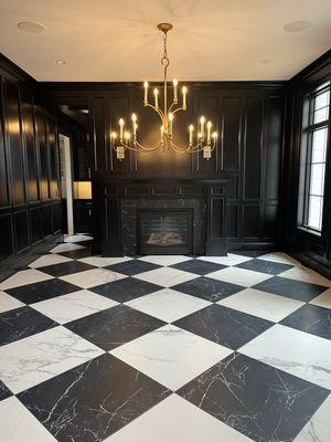 30"x30" Marmorea- Port Laurent and Breccia White checkerboard in foyer, dining room and butler's pantry