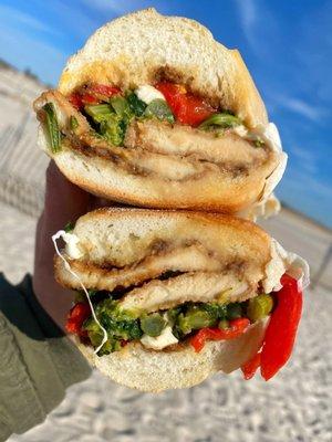 Chicken cutlet, fresh mozzarella, roasted peppers, broccoli rabe, and balsamic