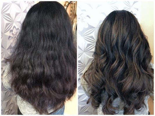 Before and after balayage with Beatriz