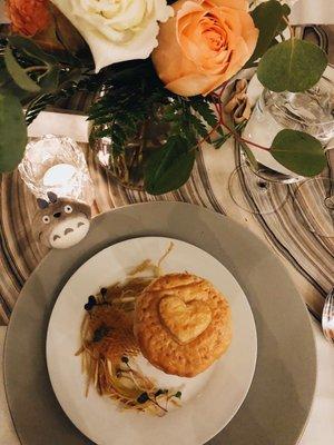 Potato leek soup with heart pastry.