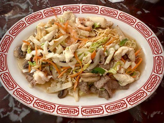 Shrimp, beef and chicken with rice noodles! Delicious