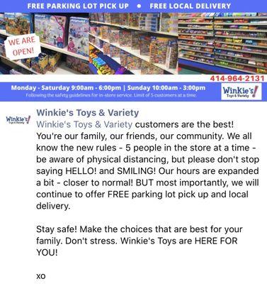 Winkie's Toys and Variety New Hours