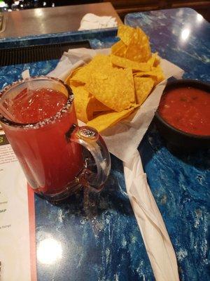 Strawberry margarita.  Chips and salsa