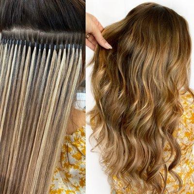 Multi-dimensional I-Tip hair extensions for length and volume. Color by Honey.