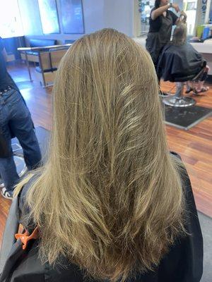 Highlights and tone with messy blow dry finish