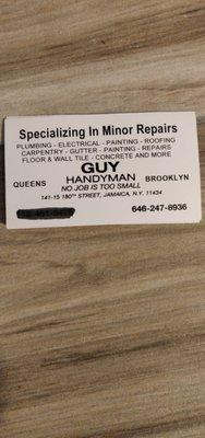 Specializing in Minor repair such as: plumbing, electric, roofing, painting, floor and wall tiles,carpentry, gutters.