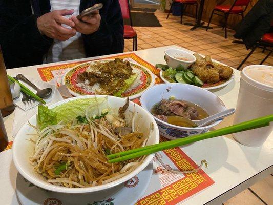 Hu tieu nam vang, lemongrass beef, and spring rolls