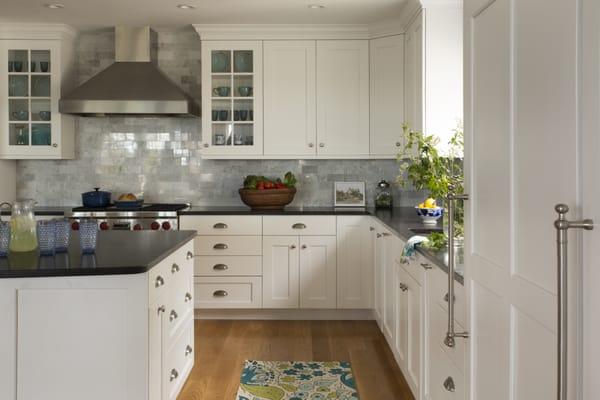 White painted kitchen designed by north of Boston kitchen showroom Heartwood Kitchens.