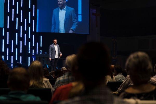 Pastor Matt Shackelford preaching at Central Church.