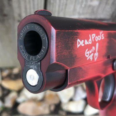 Dead Pool. Ruby Red and Graphite Black battleworn with Laser engraving