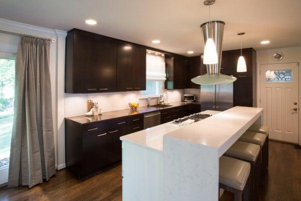 Silver Spring Kitchen design remodel with waterfall counter top.