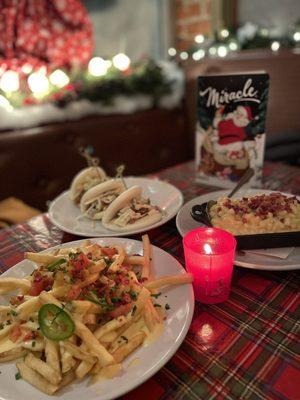 Loaded fries, bao buns, Mac N cheese