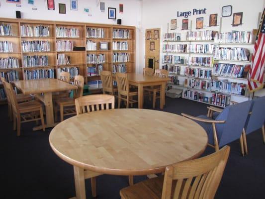 The study area with children's non-fiction, Large Type books, and audiobooks.