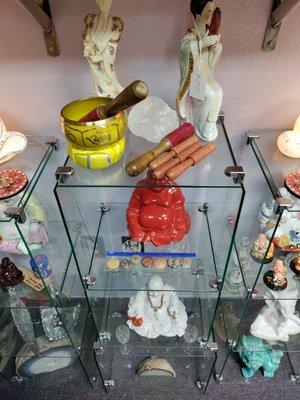 Laughing Buddhas Porcelain Statues & Signing Bowels & Large GEOS Quartz Stones