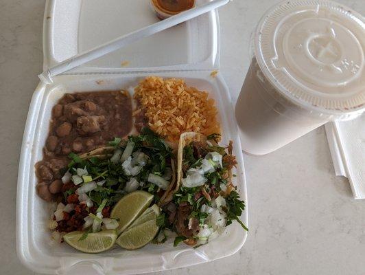 3 street taco plate w/ rice & beans. Medium Horchata.