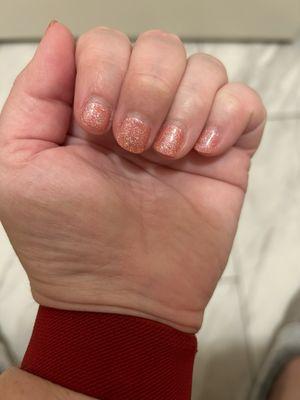 Had my nails done on Saturday, took this picture on Monday. The polish never covered the whole nail and I'm pretty salty about that!