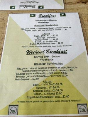 Breakfast menu