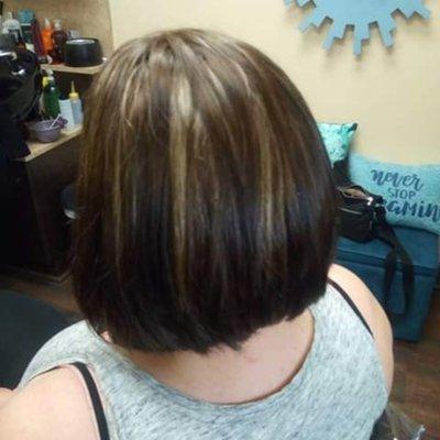 Back of Diagonal Graduated Bob with Light Beige Highlights