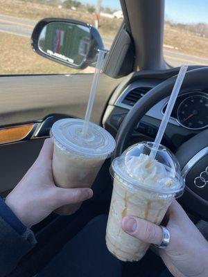 20oz Iced White Mocha with almond milk and light ice  16oz Caramel Frap with whole milk and whip cream