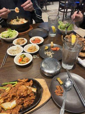 Pork Bulgogi, Banchan, Saewoo Dolsot