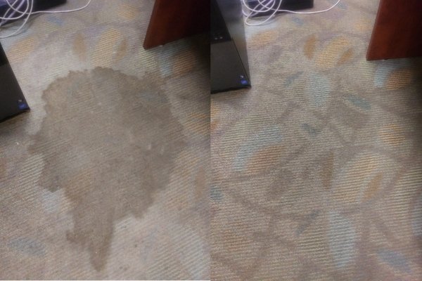 Coffee stain in office carpet before and after carpet cleaning.