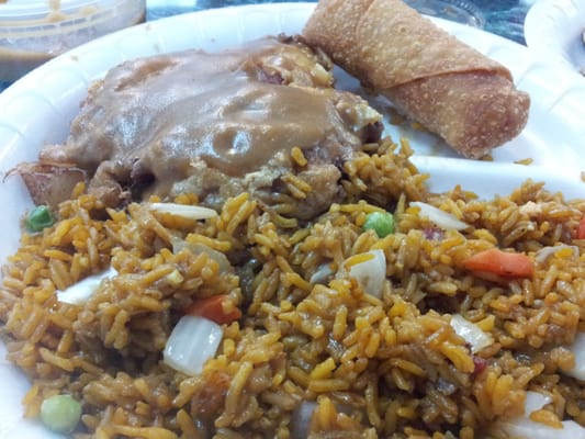 Pork egg fu young with fried rice & egg roll.