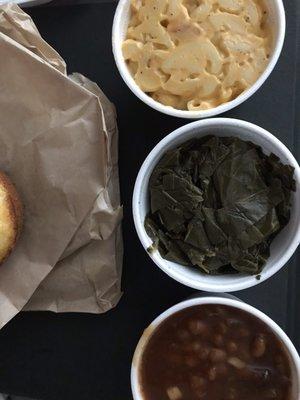 Mac n Cheese, Greens and Baked Beans